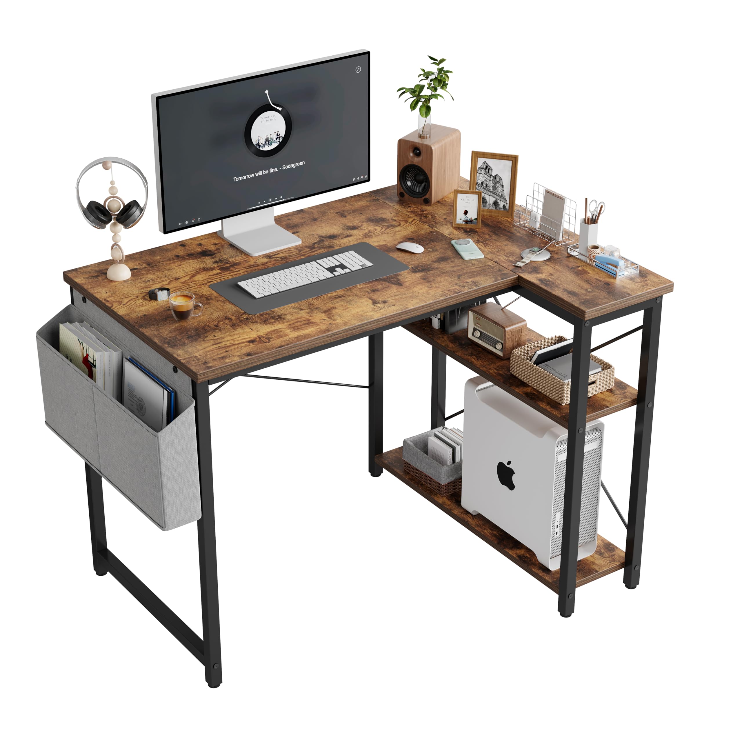 Ergonomic L-Shaped Desk with Reversible Shelves & Storage Bag